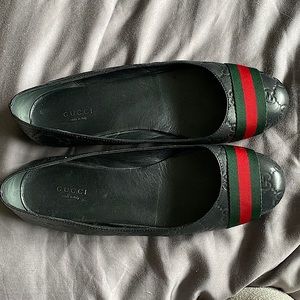 Gucci Black Guccissima leather web stripe ballet flats